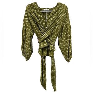 NWT RARE HEINUI Green/White Polka Dot Wrap Blouse